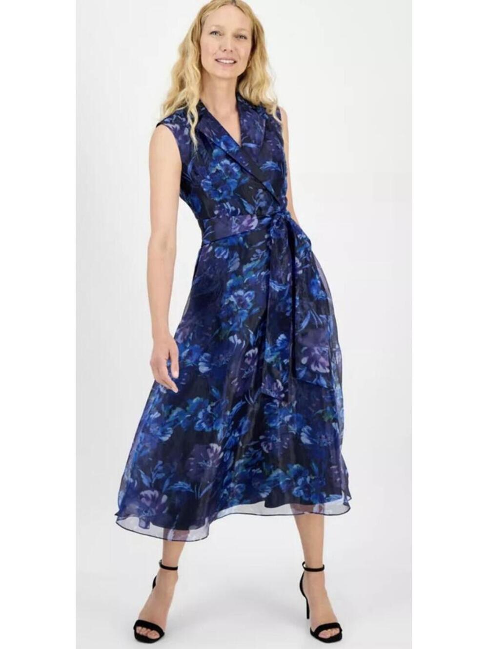 New julia jordan Printed Fit & Flare Tie-Waist Dress In Blue Multi Size 8 $198